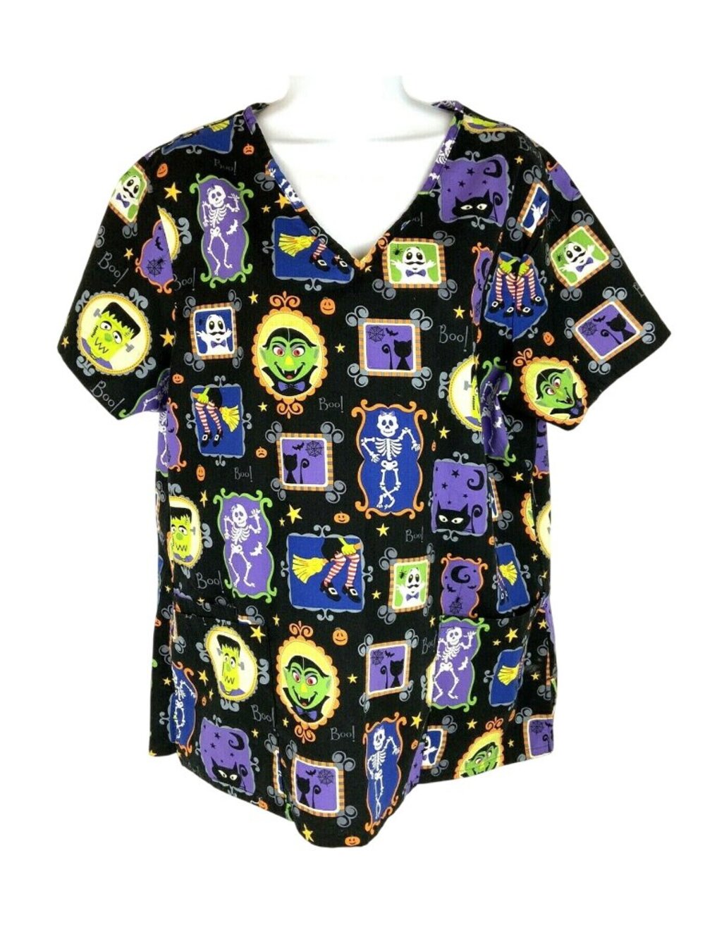 Halloween V-Neck Scrub Top Large by SB Scrubs Black Cotton Fun Holiday Print